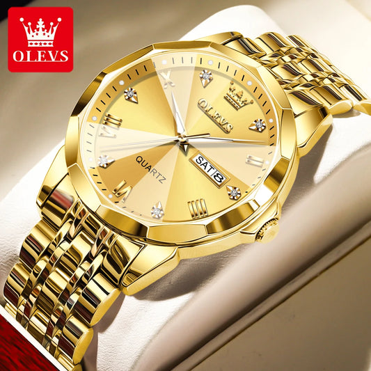 Men‘s Watches Gold Original Quartz Wristwatch Waterproof Luminous Watch for Male Rhombus Mirror Date Week Luxury Dress