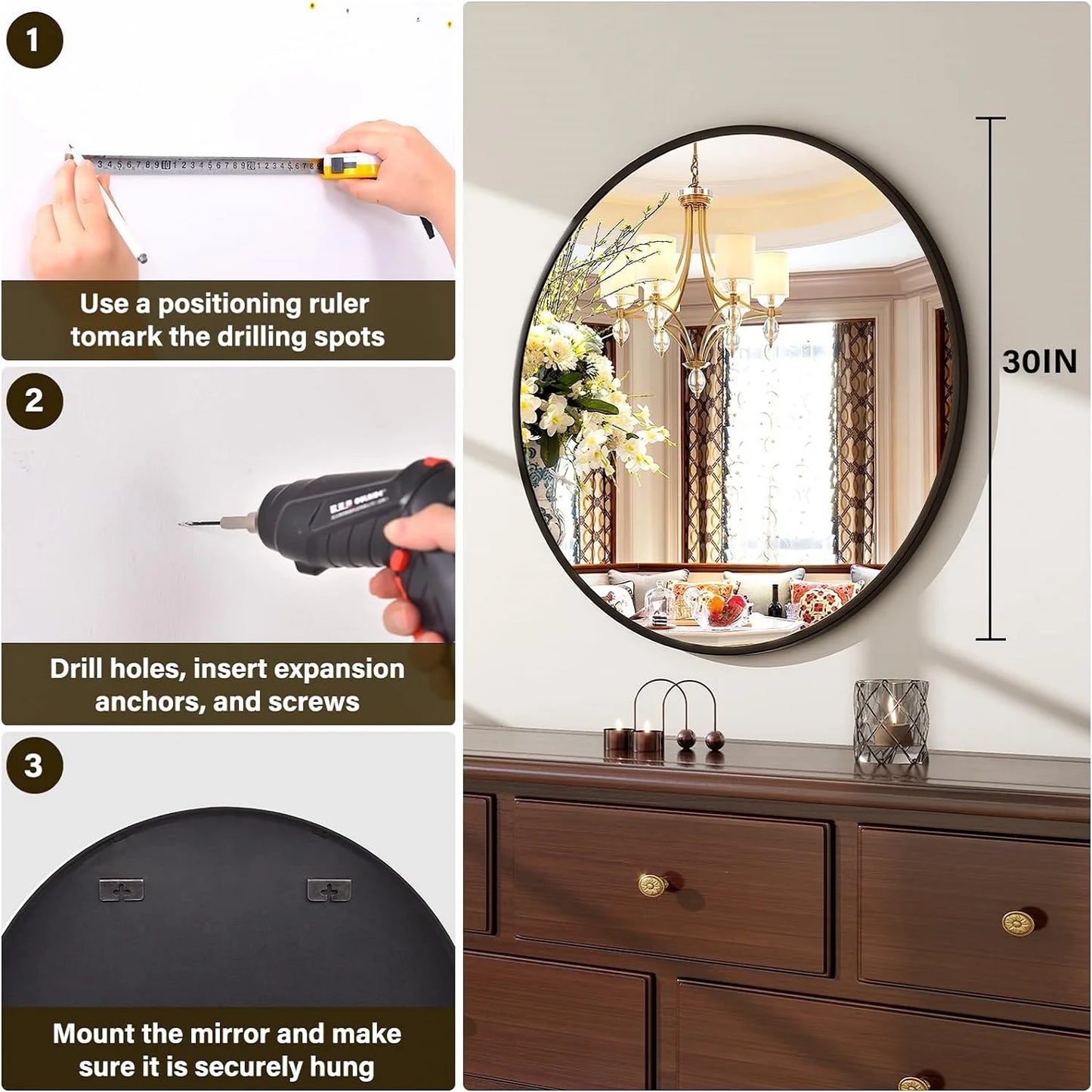 30 Inch Round Wall Mirror Bathroom Mirror with Metal Frame Modern Hanging Mirror for Entryway, Living Room