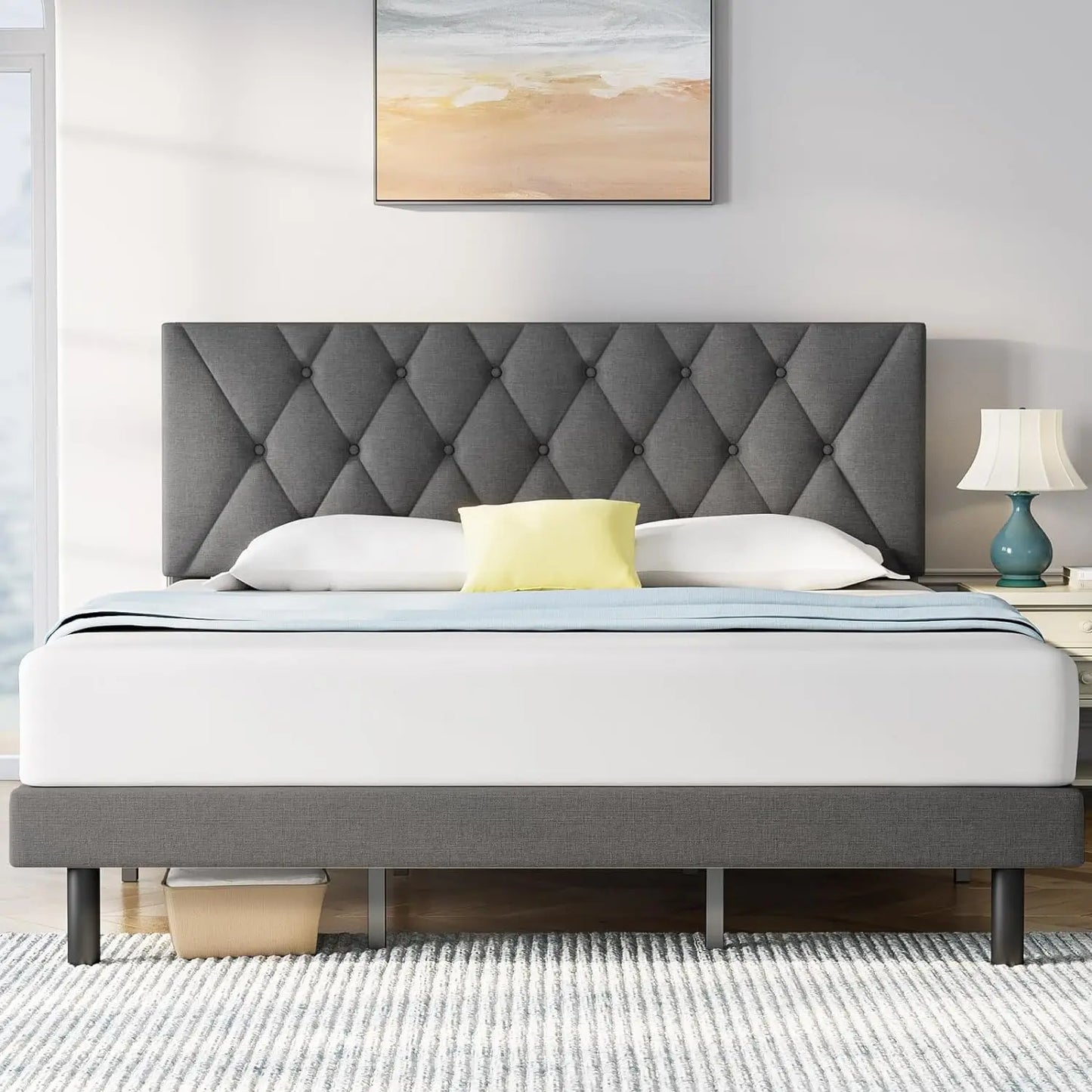 Queen size bed frame with adjustable headboard, no box spring required, non-slip and noise-free, easy to assemble, sturdy