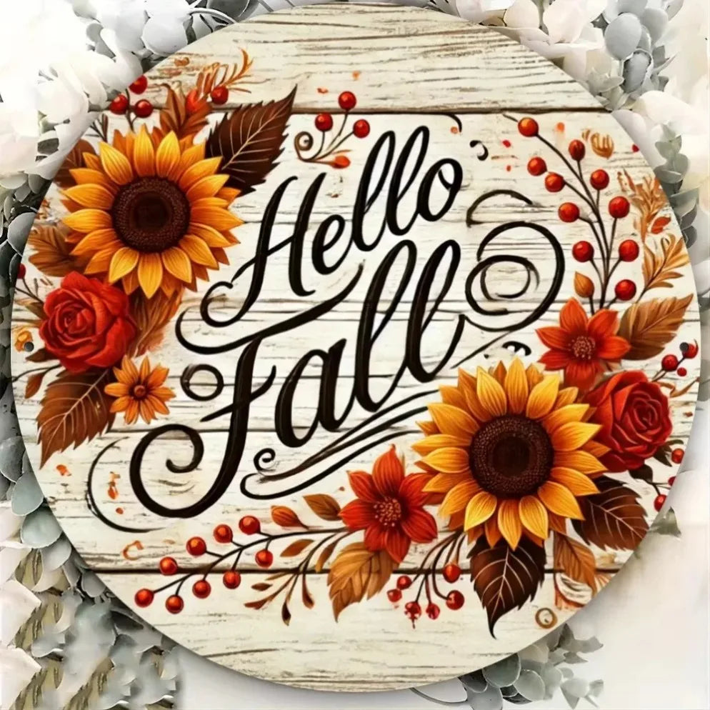 "Rustic 'Hello Fall'" Metal Sign – Sunflower & Autumn Leaf Iron Decor