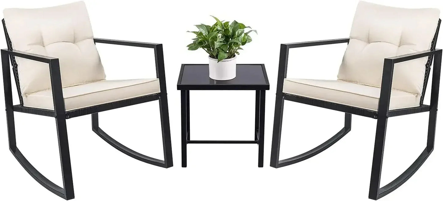 Rocking Bistro Set Patio Outdoor Furniture Porch Chairs Conversation Sets with Glass Coffee Table
