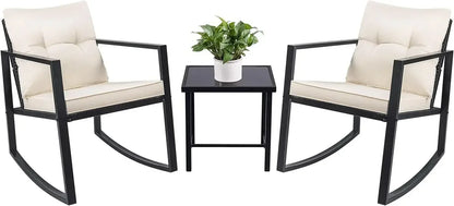 Rocking Bistro Set Patio Outdoor Furniture Porch Chairs Conversation Sets with Glass Coffee Table