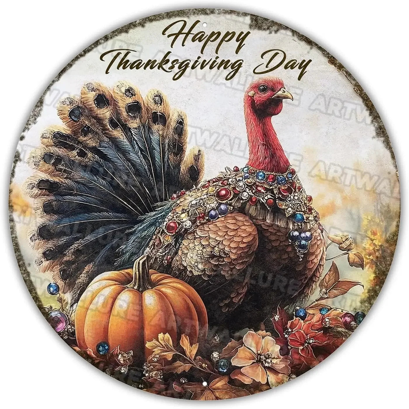 8x8" Round Fall Pumpkin Metal Tin Sign - Bird Wreath Decor, Farmhouse Home Living Room Coffee Bar Wall Art, Thanksgiving Gift