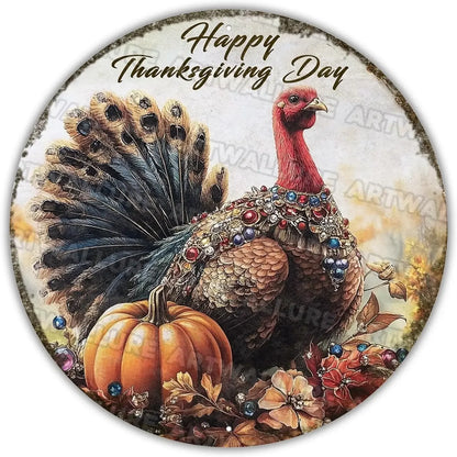 8x8" Round Fall Pumpkin Metal Tin Sign - Bird Wreath Decor, Farmhouse Home Living Room Coffee Bar Wall Art, Thanksgiving Gift