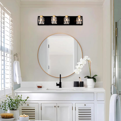 4-Light Matte Black + Gold Bathroom Light Fixtures, Modern Vanity Lights with Crystal Glass Shade, Vintage Light Fixture Bathroo