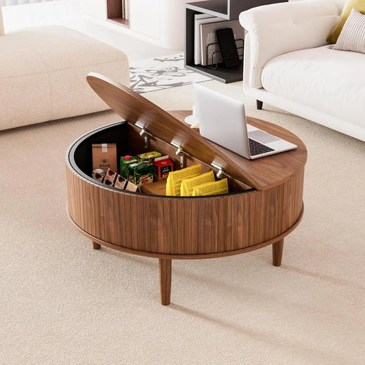 Round Fluted Lift Top Coffee Table with Storage, Mid Century Modern Coffee Table for Living Room, Home Small Space