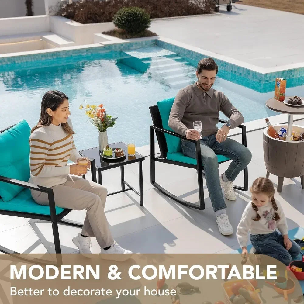 Rocking Bistro Set Patio Outdoor Furniture Porch Chairs Conversation Sets with Glass Coffee Table