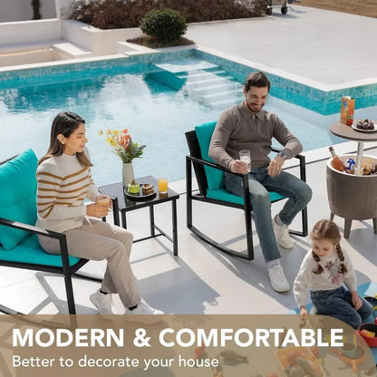 Rocking Bistro Set Patio Outdoor Furniture Porch Chairs Conversation Sets with Glass Coffee Table