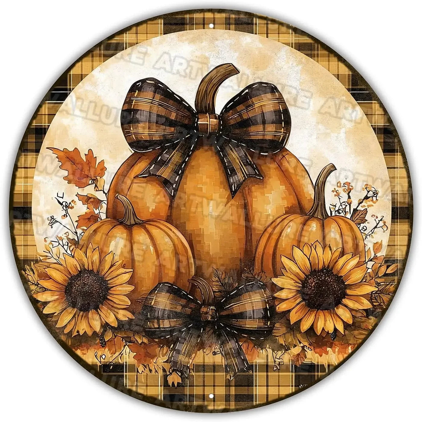 8x8" Round Fall Pumpkin Metal Tin Sign - Bird Wreath Decor, Farmhouse Home Living Room Coffee Bar Wall Art, Thanksgiving Gift