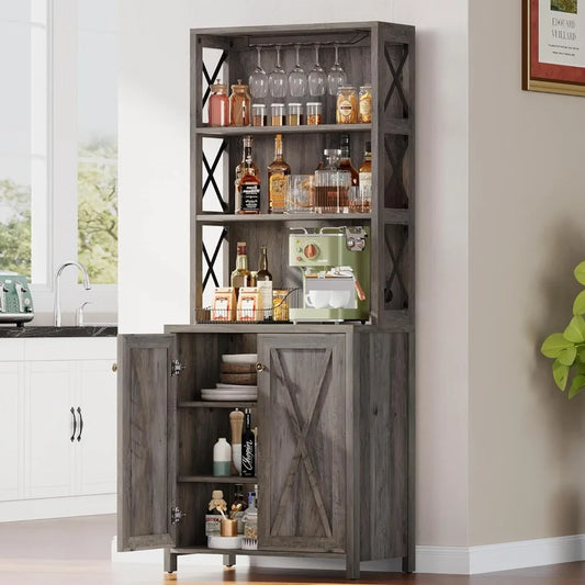 67" Tall Wine Bar Cabinet for Liquor and Glasses, Farmhouse Style Kitchen Cabinet Coffee Bar with Adjustable Shelves