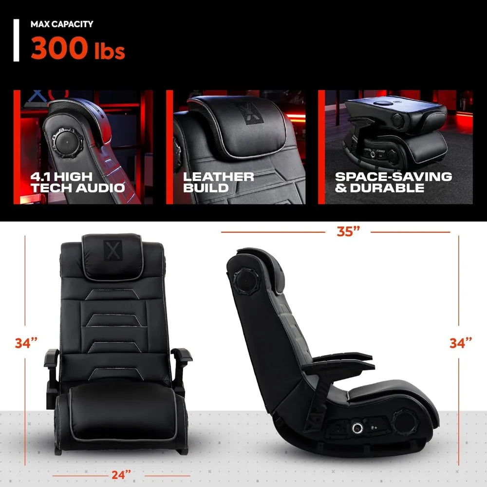 Video Gaming Floor Chair with Armrests, Built-In Audio & Vibration via Wireless Bluetooth, Foldable, Vegan Leather