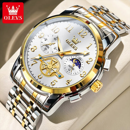 Moon Phase Watch Men Stainless Steel Waterproof Luminous Fashion Skeleton Chronograph Quartz