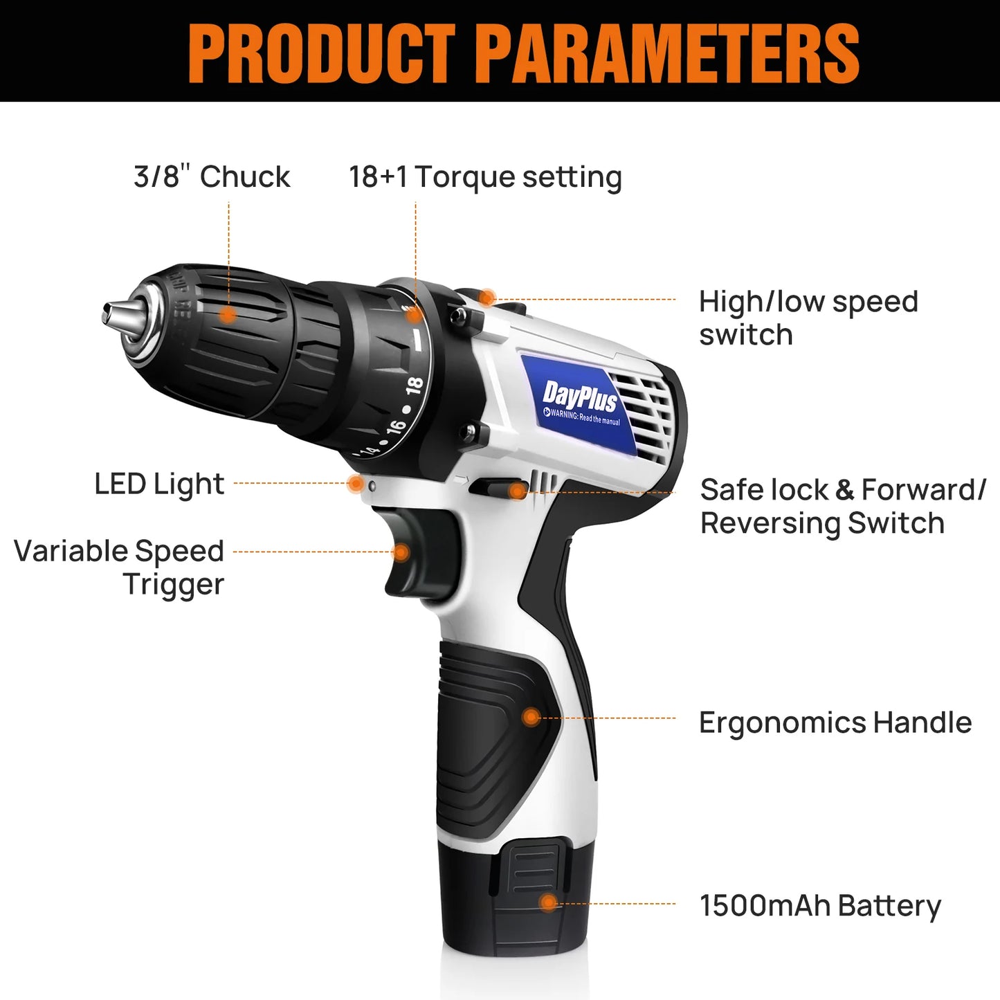 Mini Cordless Drill Driver Kit,12V Electric Screwdriver Tool+LED Work Light,High Torque 45N.m,3/8Inch Keyless Chuck,18+1