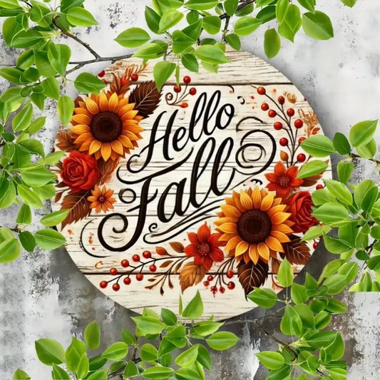 "Rustic 'Hello Fall'" Metal Sign – Sunflower & Autumn Leaf Iron Decor