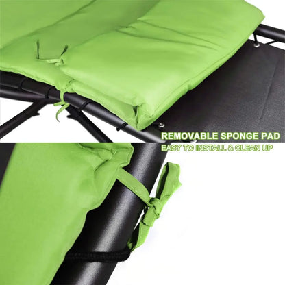 Patio Hanging Chaise Outdoor Lounger Padded Cushion Swing Hammock Chair w/Sun Shade Canopy Umbrella Stand [Green]