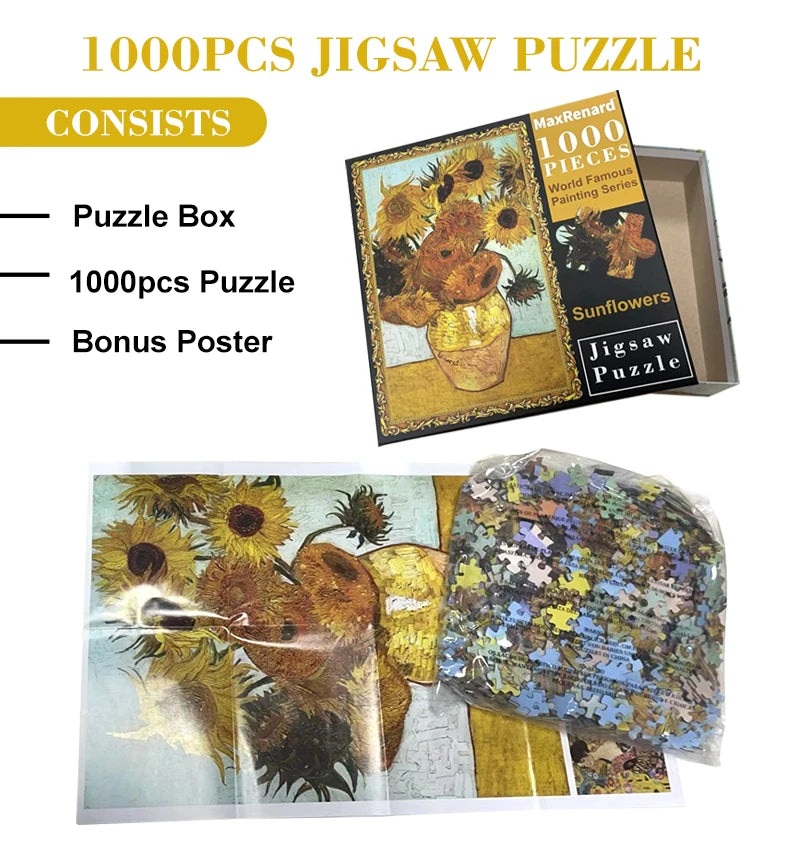 1000 Pieces Jigsaw Puzzle Van Gogh Sunflower Paper Assembling Painting Art Puzzles Toys for Adults