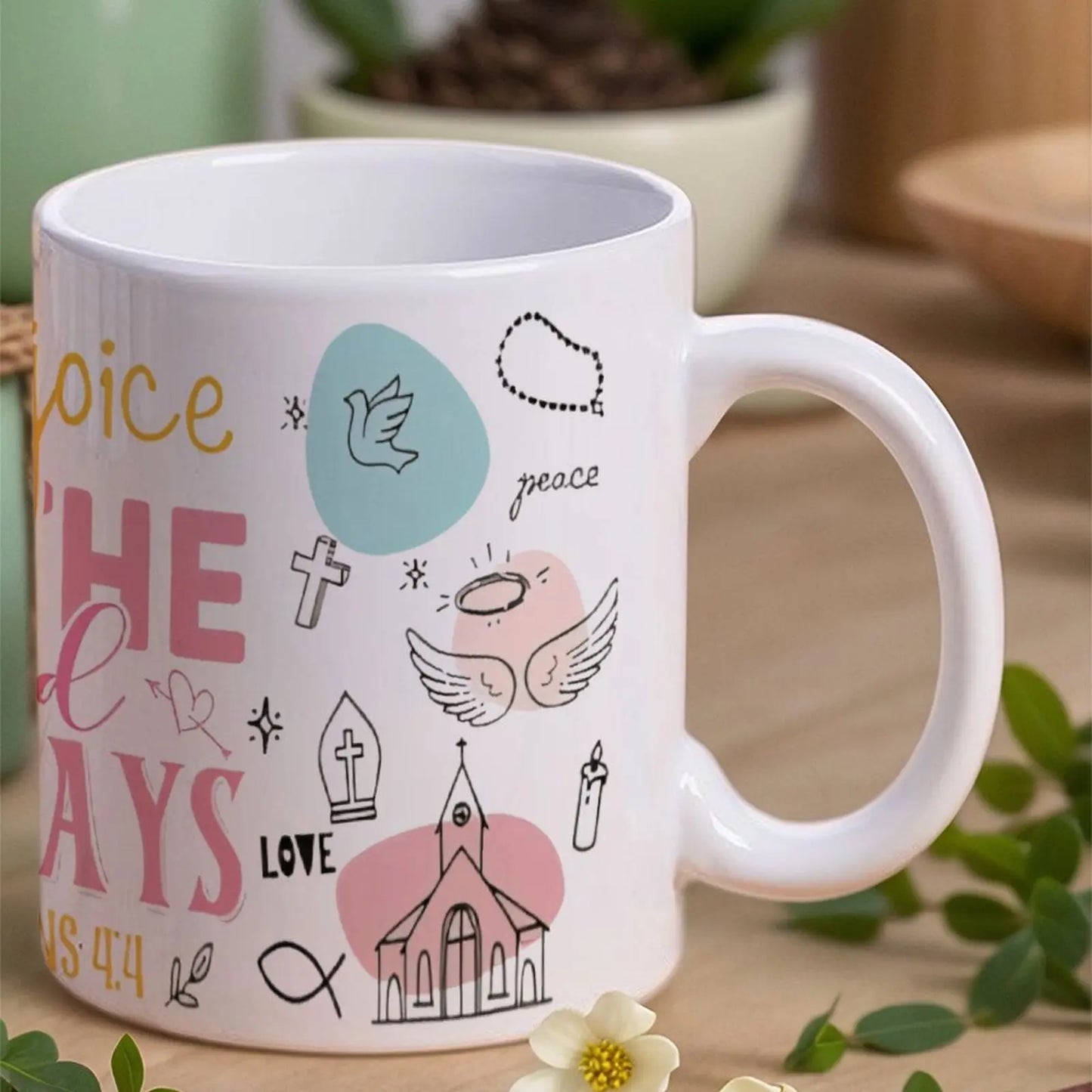 Rejoice In The Lord Always Ceramic Coffee Mug Bible Verse Cute Glass Cup, 11oz Espresso Cups for Everyday Wear