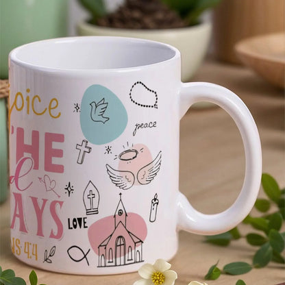 Rejoice In The Lord Always Ceramic Coffee Mug Bible Verse Cute Glass Cup, 11oz Espresso Cups for Everyday Wear