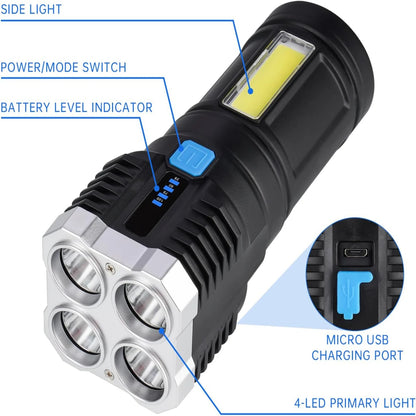 1000 Lumens USB Rechargeable LED Flashlight for Outdoor Activities - Camping, Hiking, Emergency, Fishing - Waterproof,