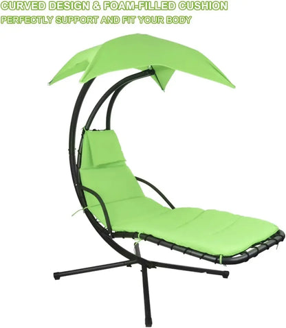 Patio Hanging Chaise Outdoor Lounger Padded Cushion Swing Hammock Chair w/Sun Shade Canopy Umbrella Stand [Green]