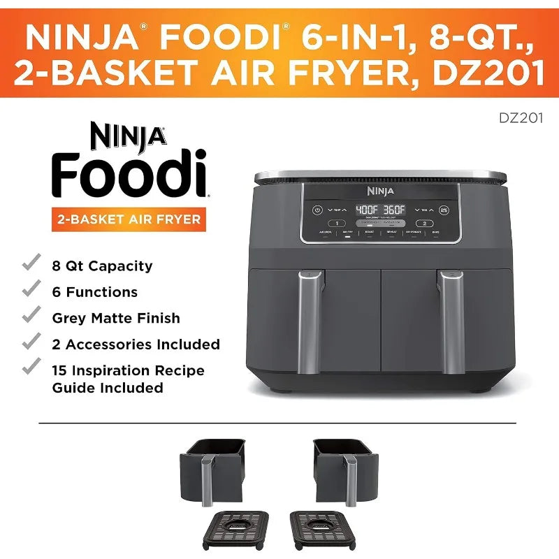 6-in-1 2-Basket Air Fryer with Dual Zone Technology, 8-Quart Capacity, and a Dark Grey Stainless Finish