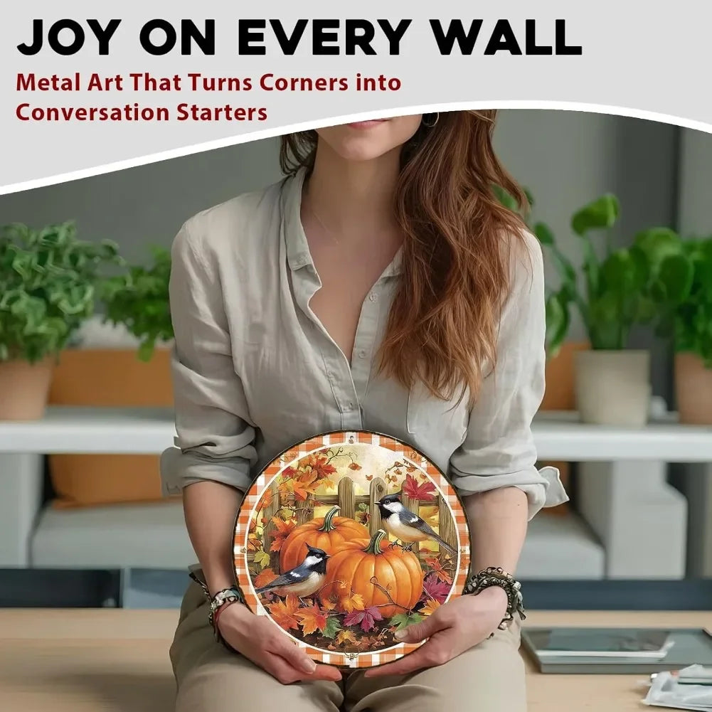 8x8" Round Fall Pumpkin Metal Tin Sign - Bird Wreath Decor, Farmhouse Home Living Room Coffee Bar Wall Art, Thanksgiving Gift