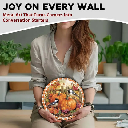 8x8" Round Fall Pumpkin Metal Tin Sign - Bird Wreath Decor, Farmhouse Home Living Room Coffee Bar Wall Art, Thanksgiving Gift