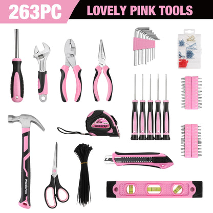 Pink Tool Kit, 263-Piece Home Repairing Tool Set with Wide Mouth Open Storage Bag, Household Tool Kit - Pink Ribbon