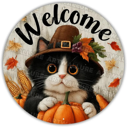 8x8" Round Fall Pumpkin Metal Tin Sign - Bird Wreath Decor, Farmhouse Home Living Room Coffee Bar Wall Art, Thanksgiving Gift