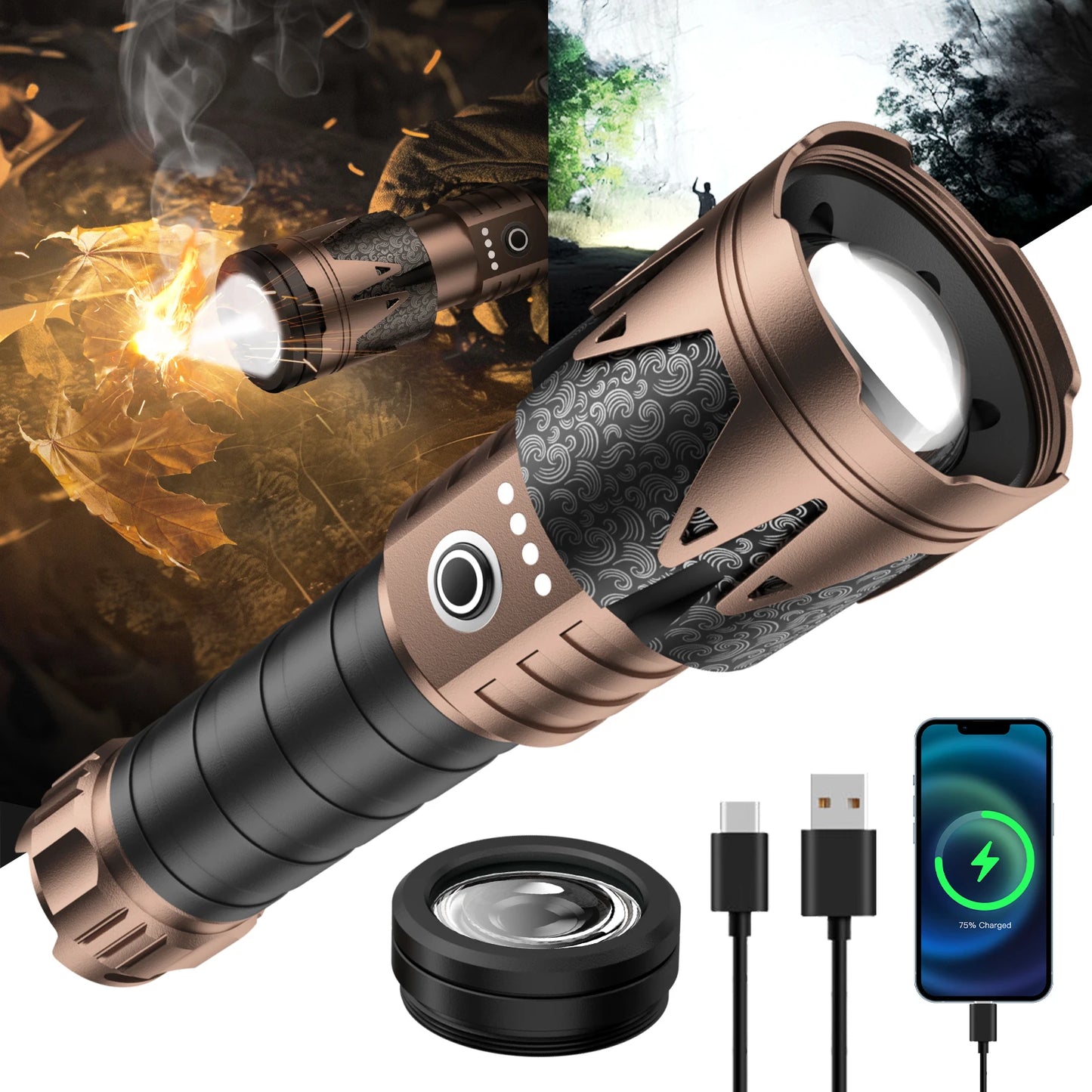 High-lumen LED flashlight with ignition lens, super bright outdoor tactical flashlight, zoom, five modes