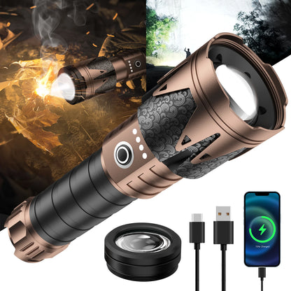 High-lumen LED flashlight with ignition lens, super bright outdoor tactical flashlight, zoom, five modes