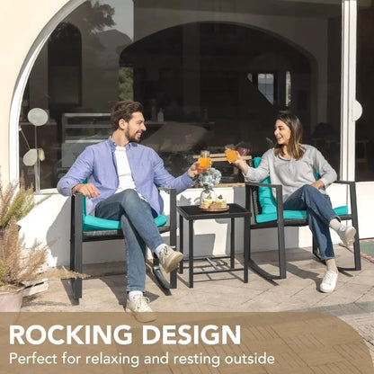 Rocking Bistro Set Patio Outdoor Furniture Porch Chairs Conversation Sets with Glass Coffee Table