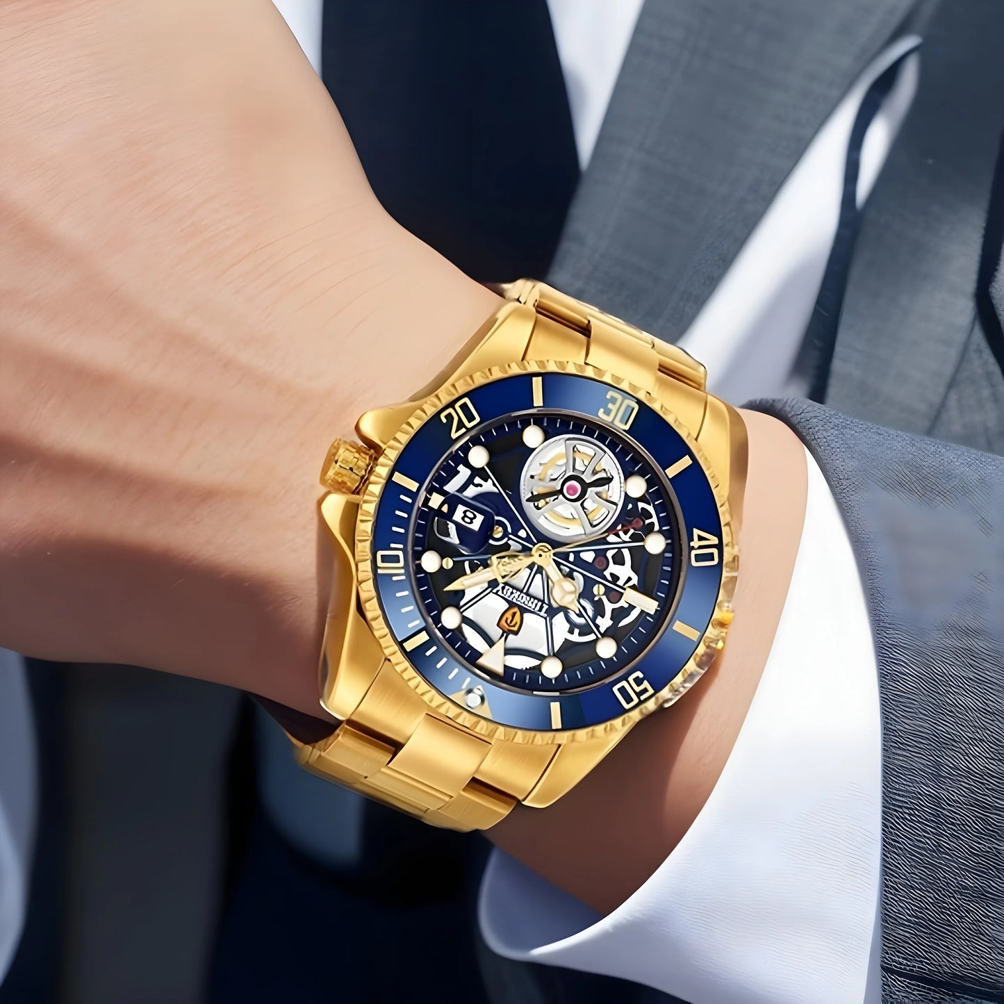 1pc men's quartz watch, mechanical watch shape, big brand design, rotating bezel, business, daily wear.