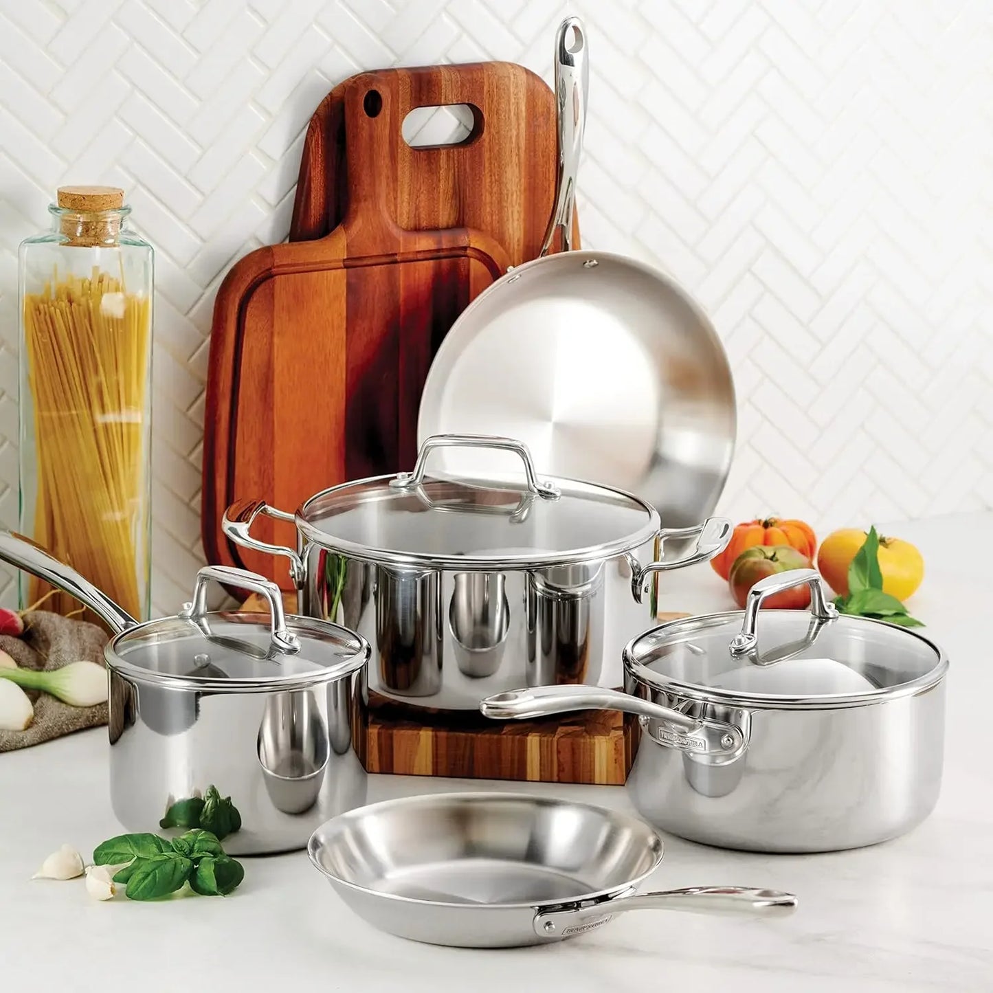 Tri-Ply Clad Stainless Steel 8-Piece Cookware Set with Glass Lids, Pots and Pans Kitchen Set, Induction-Ready, Dishwasher-Safe