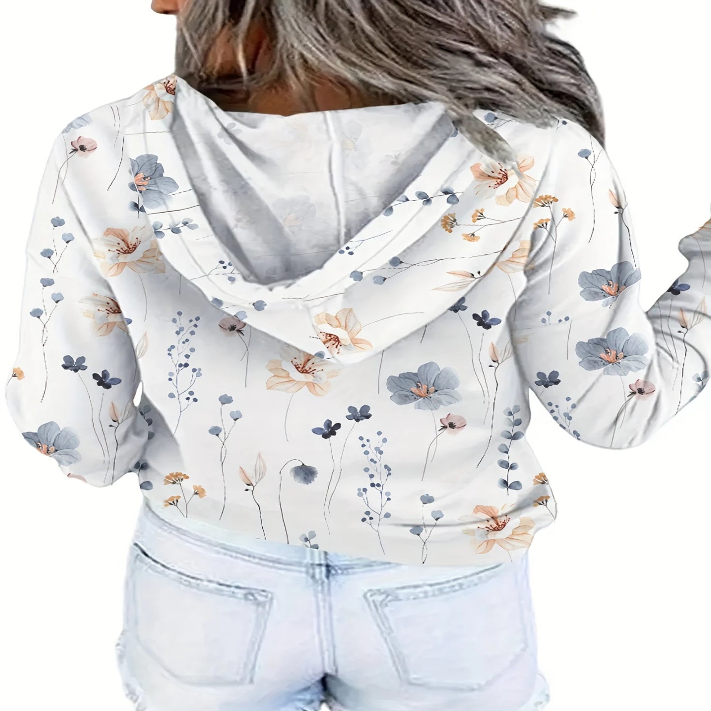 Floral Print Zip Up Drawstring Hoodie, Casual Long Sleeve Pocket Sweatshirt, Women's Clothing