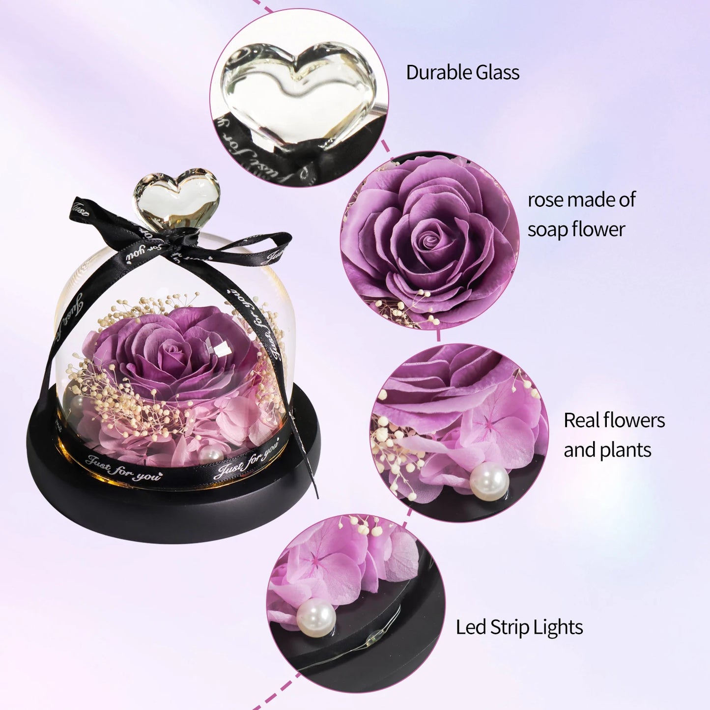 Purple Soap Rose in Glass Dome Artificial Flower With Light for Birthday, Valentines, Anniversary Gifts