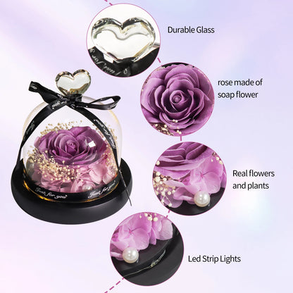 Purple Soap Rose in Glass Dome Artificial Flower With Light for Birthday, Valentines, Anniversary Gifts