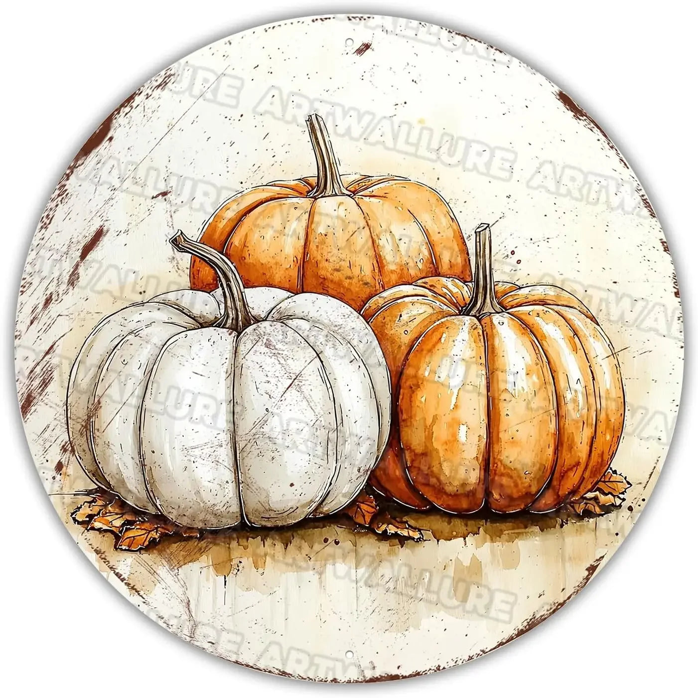 8x8" Round Fall Pumpkin Metal Tin Sign - Bird Wreath Decor, Farmhouse Home Living Room Coffee Bar Wall Art, Thanksgiving Gift