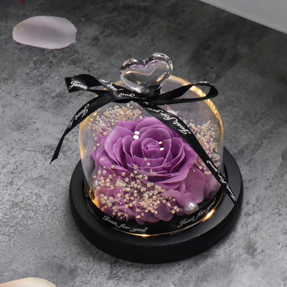 Purple Soap Rose in Glass Dome Artificial Flower With Light for Birthday, Valentines, Anniversary Gifts