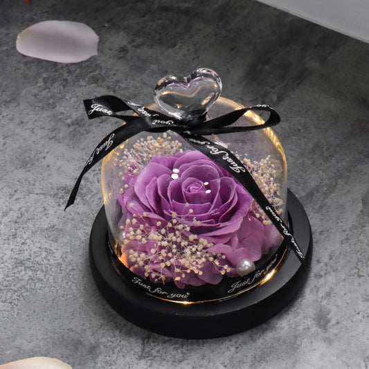 Purple Soap Rose in Glass Dome Artificial Flower With Light for Birthday, Valentines, Anniversary Gifts