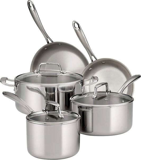 Tri-Ply Clad Stainless Steel 8-Piece Cookware Set with Glass Lids, Pots and Pans Kitchen Set, Induction-Ready, Dishwasher-Safe