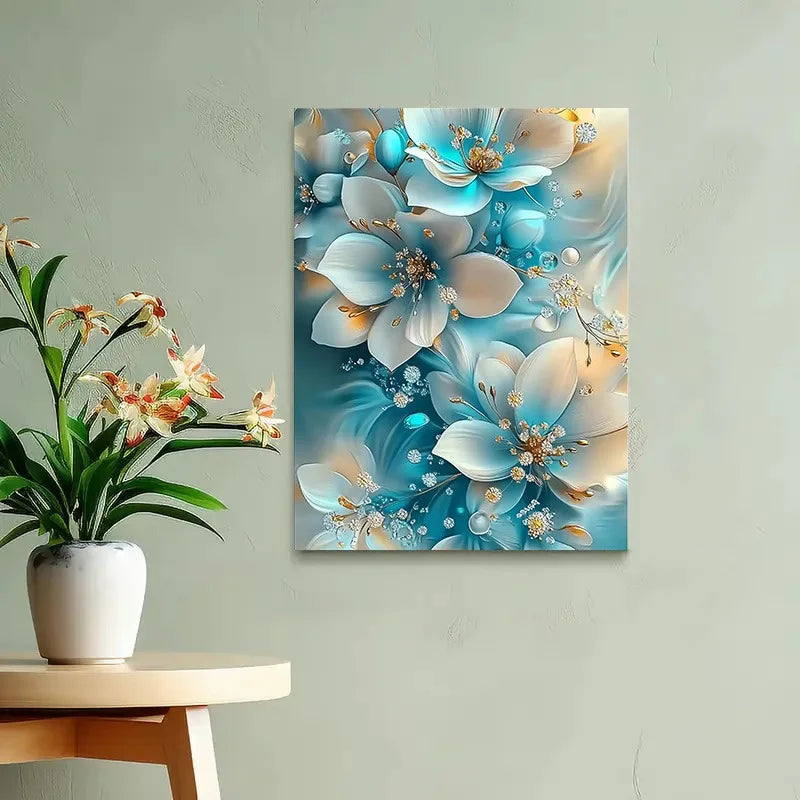 Elegant Oil Painting Artwork Framed Serene Blue and White Flowers with Gold Accents