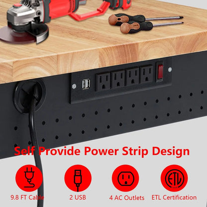 Adjustable Workbench for Garage, 72" x 25" Portable Work Bench, 2000 Lbs Capacity, Rubber Wood Workstation w/ 4 Rolling Casters