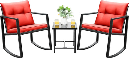 Rocking Bistro Set Patio Outdoor Furniture Porch Chairs Conversation Sets with Glass Coffee Table