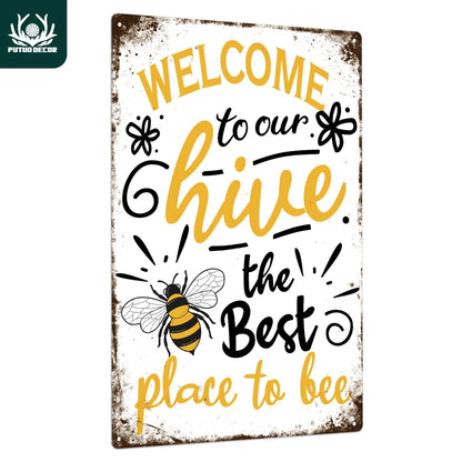 Welcome Metal Signs, Tin Plaque Painting Retro Bee Decoration Plate Iron Wall Art Decor for Home Bedroom Farm