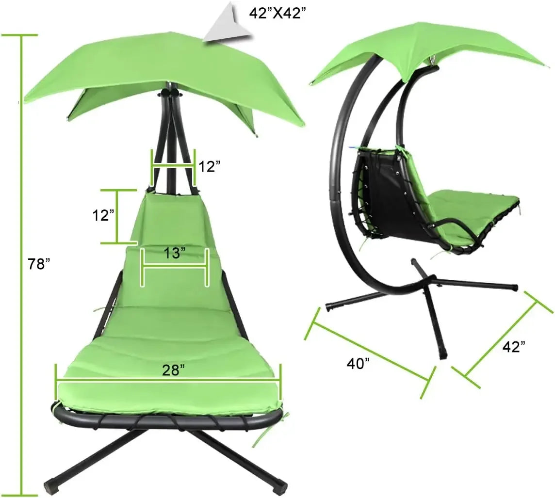 Patio Hanging Chaise Outdoor Lounger Padded Cushion Swing Hammock Chair w/Sun Shade Canopy Umbrella Stand [Green]