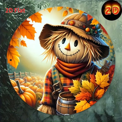 1pc 2D Flat Scarecrow Metal Sign – Cute Aluminum Art in Autumn Basket, Ideal for Halloween Farm Garland Decor & Room Art