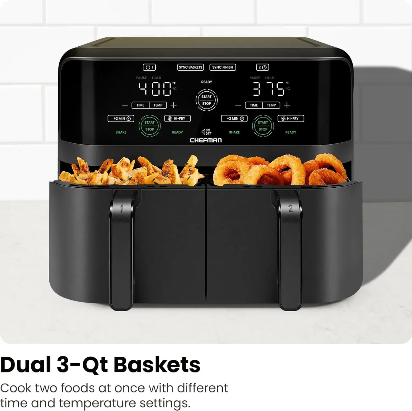 6 Quart Dual Basket Air Fryer - Digital Touchscreen, Smart Sync Finish, Hi-Fry, Auto Shutoff, 2 Independent 3QT Nonstick