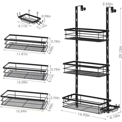 Over-Door Adjustable Rustproof Shower Caddy with Shelves & Hooks Shampoo & Soap Holder for Bathroom & Kitchen Storage - Black