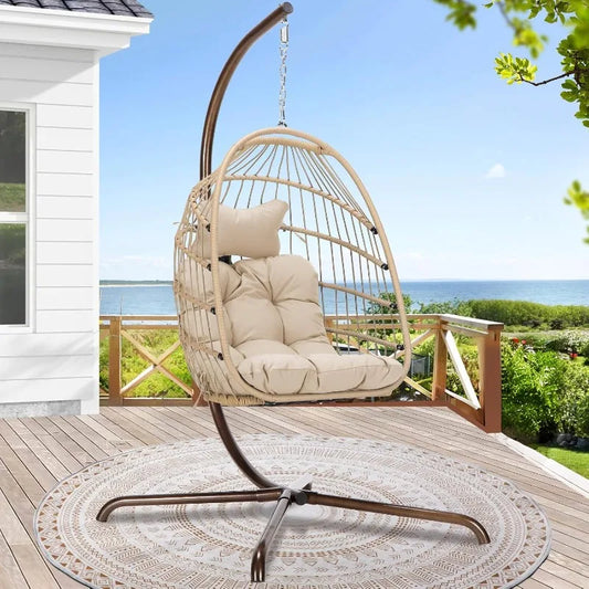 Hanging Egg Chair with Stand. Outdoor Swinging Chair.  Foldable Basket for Indoor Bedroom Patio Garden 350lbs Capacity (Beige